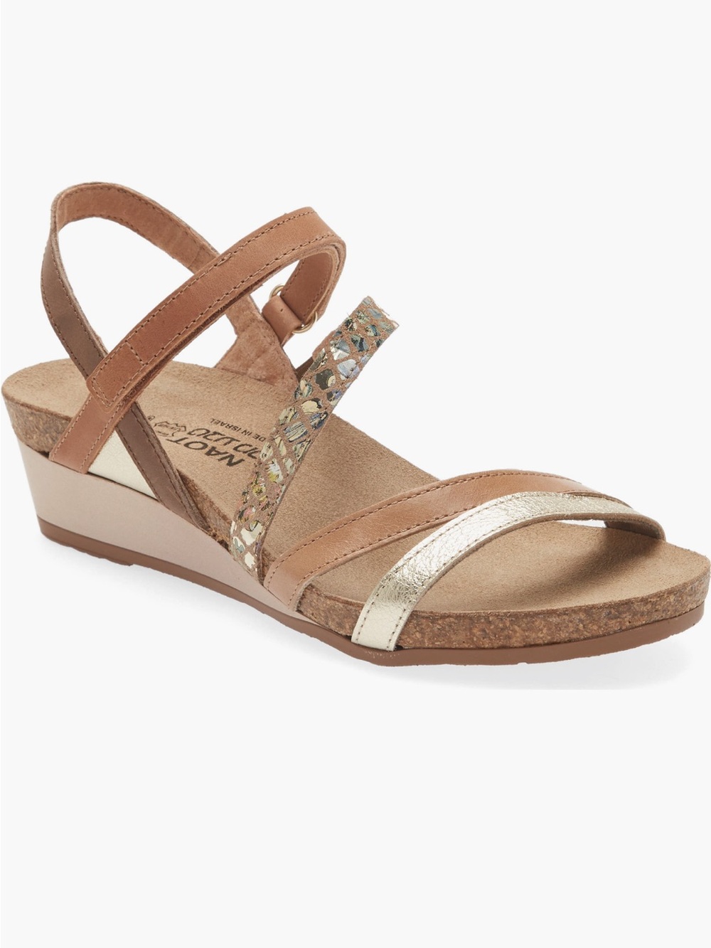 Naot “Hero” Women's Tan and Gold Strappy Wedge Sandal